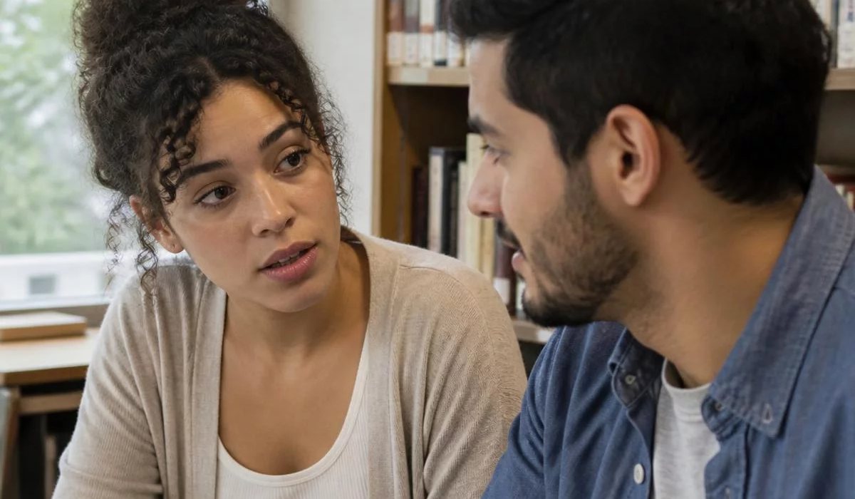 Pessoas conversando de pé junto às estantes antes de o encontro abrir