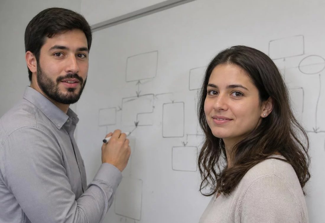 Dupla desenhando no quadro branco a estrutura de uma tese