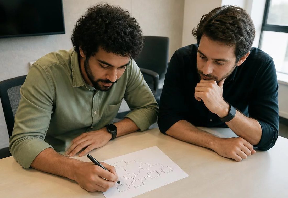 Colegas revendo no tablet as anotações do encontro anterior